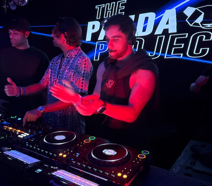 Zad, DOSO and Mehrad playing b3b under The Panda Project screen while opening for Seth Troxler at Bauhaus